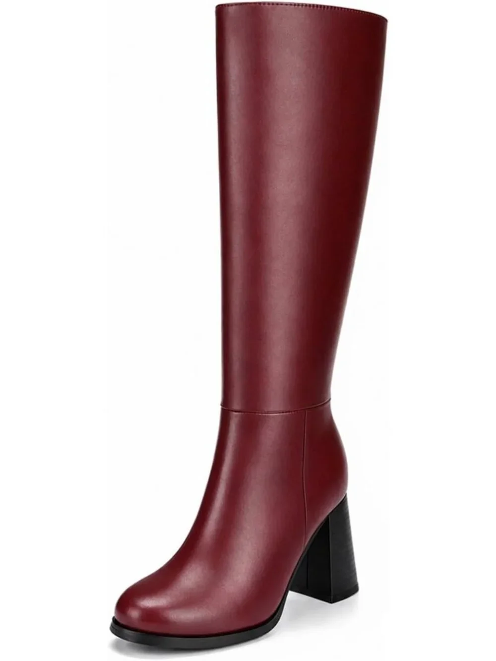 Women's Burgundy Round Toe 3.35 Inch Chunky Block Heel Slouchy Knee High Boots